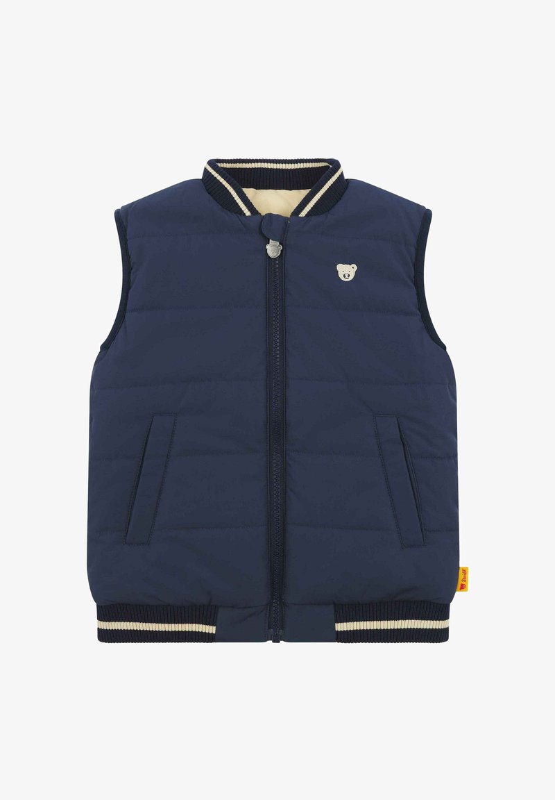 Navy sleeveless puffer vest with front zipper, bear logo on chest, cream lining, elastic ribbed neckline and hems, side pockets.