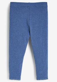 Leggings blu in un morbido e elastico tessuto. Presentano una vita elasticizzata e un orlo decorativo a forma di onda alle caviglie. Design aderente.