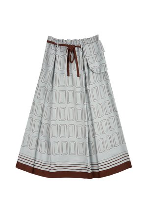 Jupe bleu clair avec un motif géométrique de rectangles bruns bordés. Elle dispose d'une taille ajustable et d'un ourlet avec une bande brune d'accent.