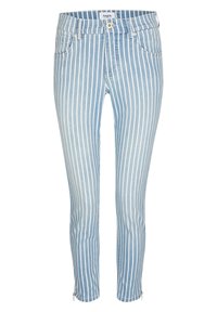 Svetle modré skinny džíny s vertikálními bílými pruhy, předním knoflíkem a zipem, předními kapsami a zipy na kotnících.