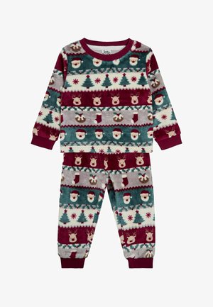 Vaikiški flisiniai pižamos su Kalėdų raštu, kuriame pavaizduoti Kalėdų senelis, elniai, medžiai, kojinės, vainikai ir žvaigždės raudonos, žalios, baltos ir pilkos spalvomis.