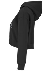 Hoodie nero cropped con cappuccio, polsini e orlo a coste. Tessuto liscio con un semplice dettaglio grafico bianco sulla parte anteriore.