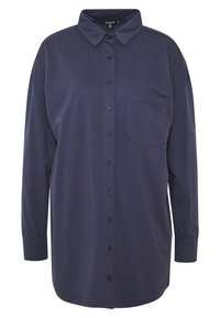 Långärmad mörkblå knapprad skjorta med krage och en bröstficka, avslappnad passform, tillverkad av mjukt tyg.