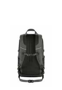 Sac à dos gris foncé avec un panneau arrière en maille, des bretelles réglables et des poches latérales. Doté de boucles et d'un design ergonomique pour le confort.