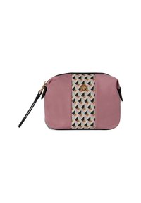 Trousse de maquillage rose pâle avec un panneau central à motifs géométriques et une fermeture à glissière noire. Comprend une petite sangle noire d'un côté.