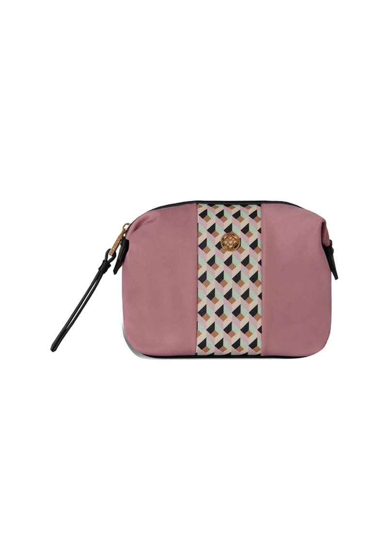 Trousse de maquillage rose pâle avec un panneau central à motifs géométriques et une fermeture à glissière noire. Comprend une petite sangle noire d'un côté.