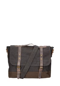 Borsa messenger in tela grigia scura e marrone, con cinturini in pelle e hardware in ottone, chiusura a patta e tracolla regolabile.