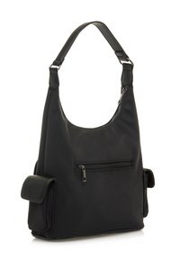 Borsa a spalla in nylon nero con forma curvata, scomparto principale con zip, tasca frontale e due tasche laterali. Texture liscia con tracolla regolabile.