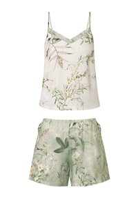 Zestaw kamizelki i szortów w kwiecisty wzór. Materiał: miękka tkanina. Kolory: biały z zielonymi i żółtymi akcentami. Cechy: ramiączka spaghetti, elastyczny pasek w talii.
