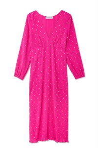Pink pleated dress with long sleeves and a V-neck, featuring gold polka dot pattern throughout. Lightweight fabric with a flowy silhouette.
