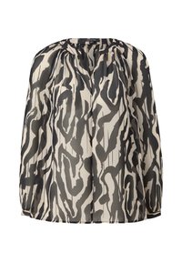 Blouse noire et crème avec un motif de tourbillon abstrait, en tissu léger, col rond et détails froncés aux épaules.