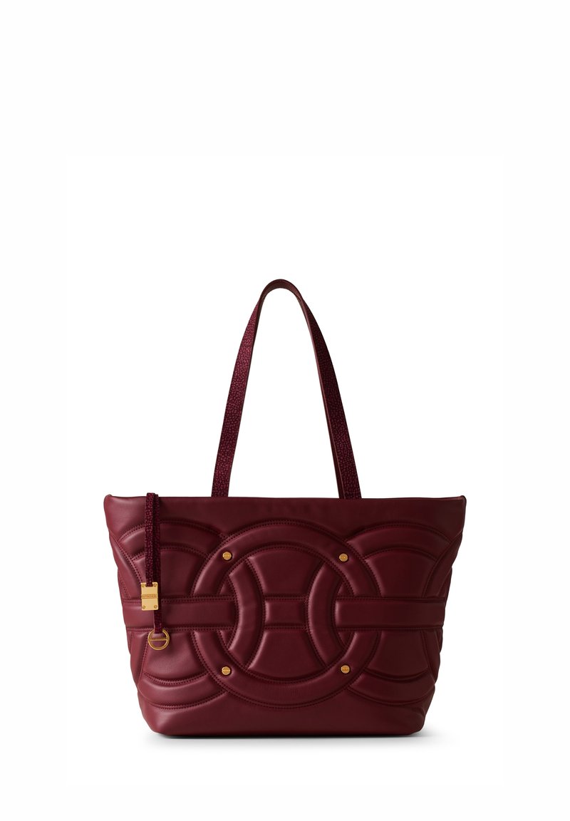 Borsa a tracolla bordeaux realizzata in materiale testurizzato, con motivi circolari cuciti e dettagli in tono oro. Include anche spalline intrecciate.