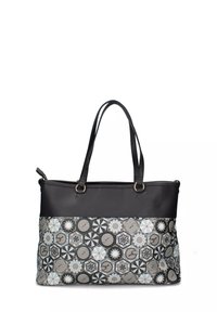 Borsa tote nera con doppie spalline e sezione inferiore decorata da un motivo di esagoni e design geometrici circolari in grigio, bianco e nero.