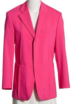 Blazer rose vif cintré avec revers crantés, deux poches plaquées devant et une poche poitrine passepoilée, présenté sur un buste de mannequin blanc.