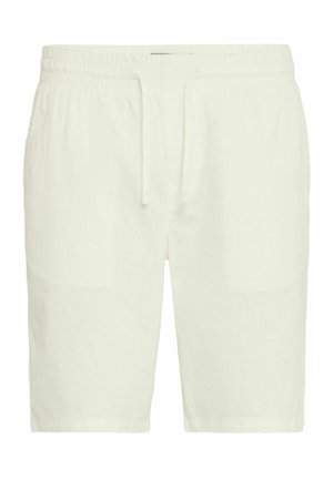 Shorts en lin blanc avec une taille élastique et un cordon de serrage. Comprend des poches latérales et une coupe décontractée. Texture lisse avec une apparence légère.