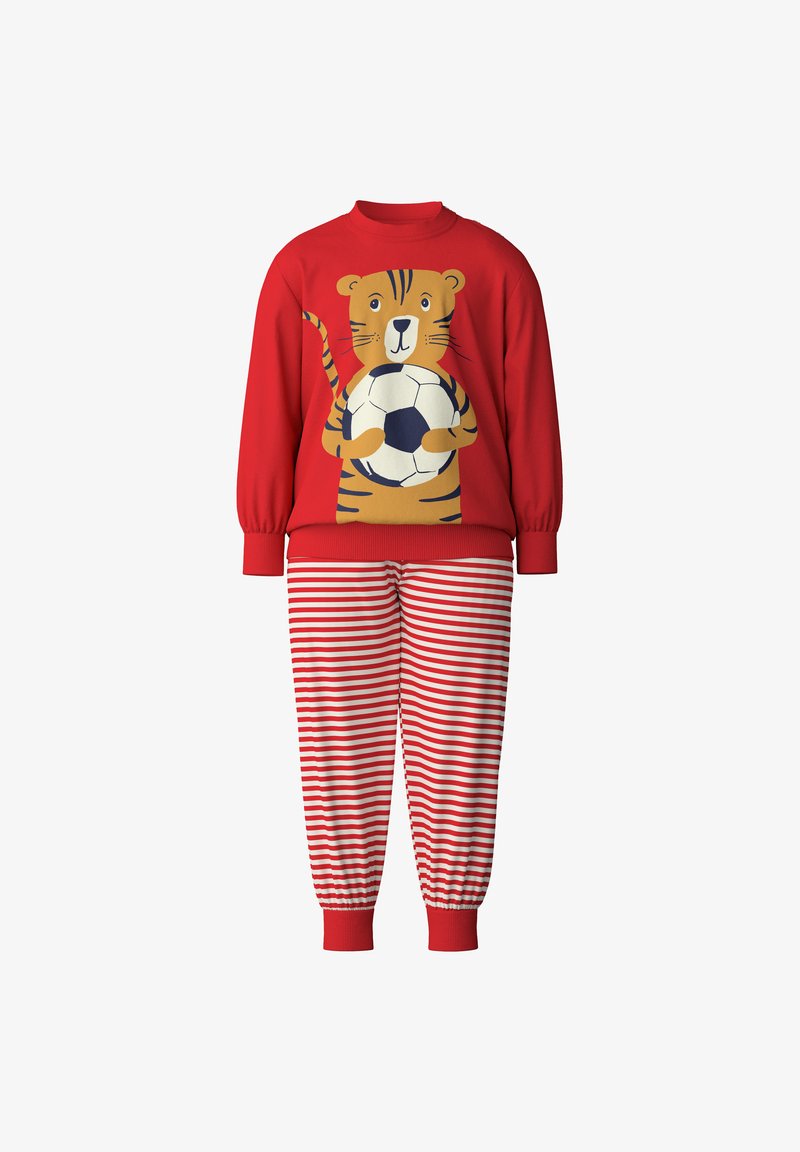 Red pajama set featuring a long-sleeve top with a tiger graphic holding a soccer ball and striped red and white pants with elastic cuffs.