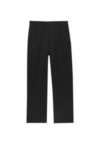 Pantalons noirs à jambes droites avec fermeture à bouton et à glissière, passants de ceinture et poches latérales, posés à plat sur un fond blanc.
