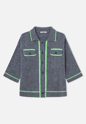 Gray knitted cardigan with a collar, featuring green accents along the edges and pockets, and dark buttons on the front.