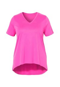 Rosa V-Ausschnitt T-Shirt mit kurzen Ärmeln, aus glattem, leichtem Stoff gefertigt. Verfügt über einen abgerundeten Saum und dezente Texturdetails in der Nähe des Halsausschnitts.