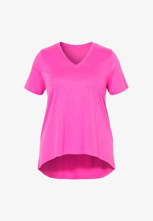 T-shirt rose à col en V avec manches courtes, en tissu lisse et léger. Présente un ourlet arrondi et des détails subtils de texture près de l'encolure.