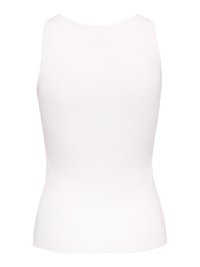 Witte geribbelde mouwloze gebreide top met een hoge ronde halslijn en een aangesloten taille.