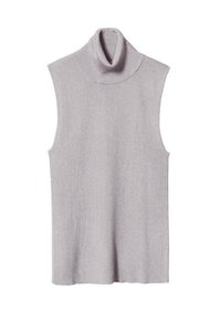 Top senza maniche a collo alto in tessuto a costine grigio chiaro, presenta un colletto alto e una vestibilità morbida, con una texture liscia e bordi puliti.