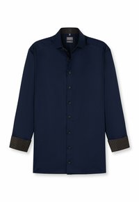 Navyblaues Langarmhemd aus glattem Stoff. Besitzt einen gemusterten dunkelbraunen Bündchen und einen klassischen Kragen mit Knopfleiste.