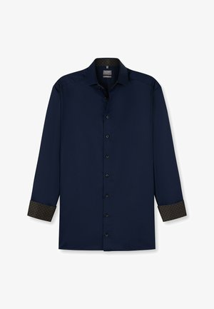 Navyblaues Langarmhemd aus glattem Stoff. Besitzt einen gemusterten dunkelbraunen Bündchen und einen klassischen Kragen mit Knopfleiste.