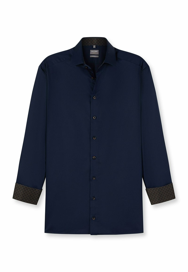 Navyblaues Langarmhemd aus glattem Stoff. Besitzt einen gemusterten dunkelbraunen Bündchen und einen klassischen Kragen mit Knopfleiste.