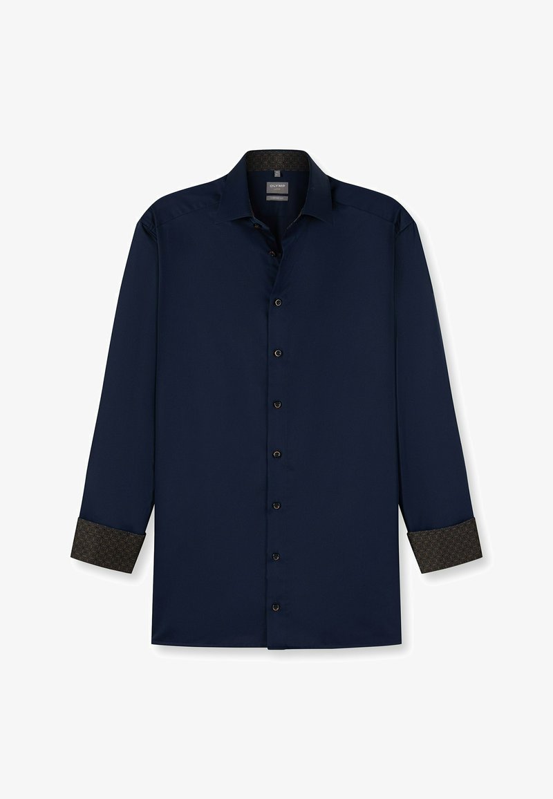 Navyblaues Langarmhemd aus glattem Stoff. Besitzt einen gemusterten dunkelbraunen Bündchen und einen klassischen Kragen mit Knopfleiste.