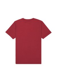 Κόκκινο βαμβακερό t-shirt με κοντά μανίκια, στρογγυλή λαιμόκοψη και απλό πίσω σχέδιο. Χωρίς ορατά μοτίβα ή μεταλλικές λεπτομέρειες.