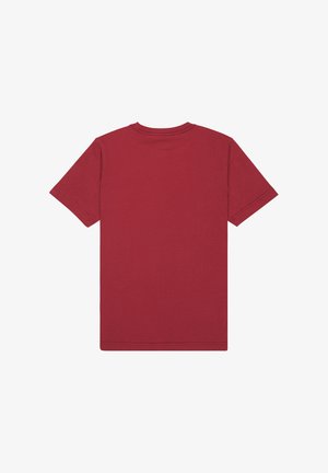 Raudona medvilninė trumpomis rankovėmis marškinėliai su apvalia iškirpte ir vientisu nugaros dizainu. Matomų raštų ar techninių detalių nėra.