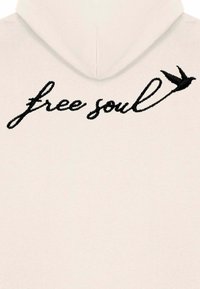 Hoodie beige con testo ricamato nero "free soul" e design di sagoma di uccello, realizzato in morbido tessuto testurizzato.