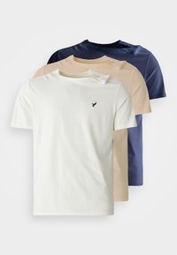 Négy rövid ujjú póló krémszínű, világos bézs �és két árnyalatú tengerészkék színben. Az anyag lágy tapintású, a krémszínű pólón egy kis madár logo található a mellrészen.