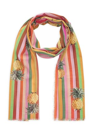 Leichter Schal mit vertikalen rosa, orange, grünen und gelben Streifen, verziert mit mehreren gelben Ananas und ausgefransten Kanten.