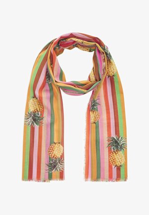 Leichter Schal mit vertikalen rosa, orange, grünen und gelben Streifen, verziert mit mehreren gelben Ananas und ausgefransten Kanten.