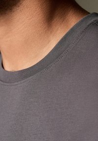 Grå bomulds t-shirt med rund halsudskæring, tætsiddende design og glat tekstur. Har diskrete sting langs kraven.