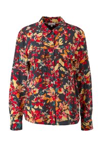 Chemise à manches longues boutonnée avec un motif floral coloré rouge, orange, jaune et vert sur fond foncé, avec deux poches poitrine.