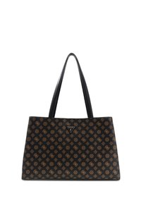 Zwarte totebag van synthetisch materiaal met een bruin geometrisch patroon. Hij heeft lange zwarte hengsels en een metalen logo-accent.