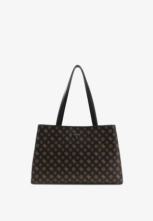 Czarna torba typu tote wykonana z materiału syntetycznego z brązowym geometrycznym wzorem. Posiada długie czarne uchwyty i metalowy akcent z logo.
