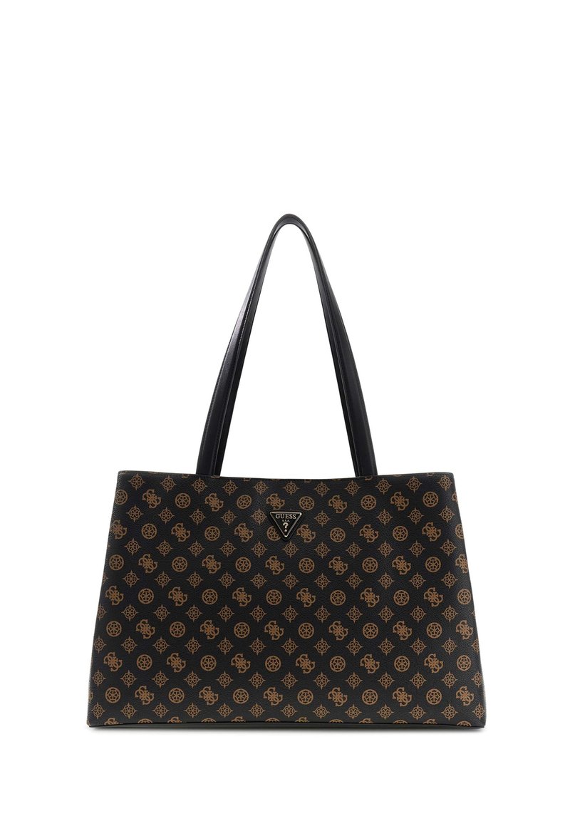 Zwarte totebag van synthetisch materiaal met een bruin geometrisch patroon. Hij heeft lange zwarte hengsels en een metalen logo-accent.