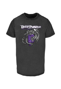Sort bomulds t-shirt med et detaljeret dragegrafik i grå og lilla, samt teksten "Deep Purple" og "The Battle Rages On."