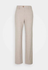 Beige och bruna rutiga byxor med knappstängning, raka ben och en slät textur med skräddarsydd design.