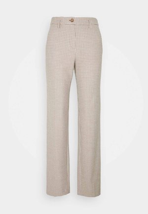 Beżowe i brązowe spodnie w kratę z zapięciem na guzik, prostymi nogawkami oraz gładką teksturą w eleganckim fasonie.