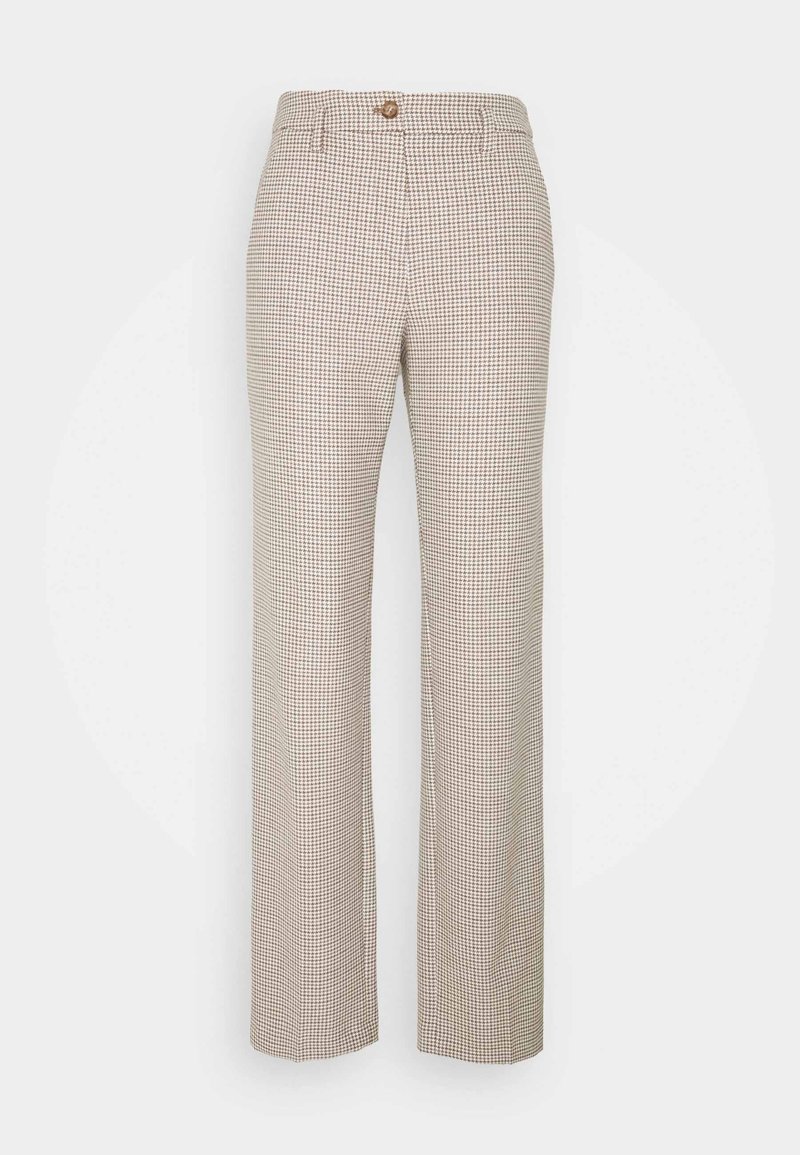 Beige och bruna rutiga byxor med knappstängning, raka ben och en slät textur med skräddarsydd design.