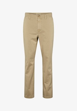 Bežistest puuvillased chinosid sirge jala disainiga, millel on ühekordne nööbi sulgemine, vöökohad ja peened õmbluse detailid.