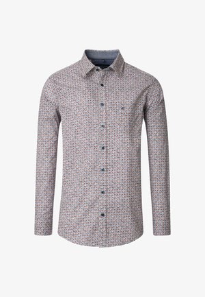 Langarmshirt mit einem weißen Grund und einem mehrfarbigen kreisförmigen Muster, Knopfverschluss vorne und einem Kragen. Dunkelblaue Knopfakzente.