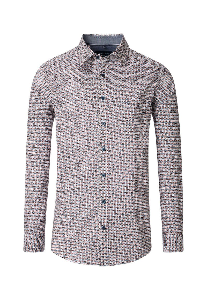 Langarmshirt mit einem weißen Grund und einem mehrfarbigen kreisförmigen Muster, Knopfverschluss vorne und einem Kragen. Dunkelblaue Knopfakzente.