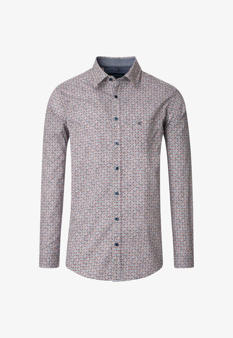 Langarmshirt mit einem weißen Grund und einem mehrfarbigen kreisförmigen Muster, Knopfverschluss vorne und einem Kragen. Dunkelblaue Knopfakzente.