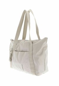 Borsa a spalla grigia chiara realizzata in tessuto testurizzato, con due manici, chiusura con zip e tasca frontale con dettagli del logo.
